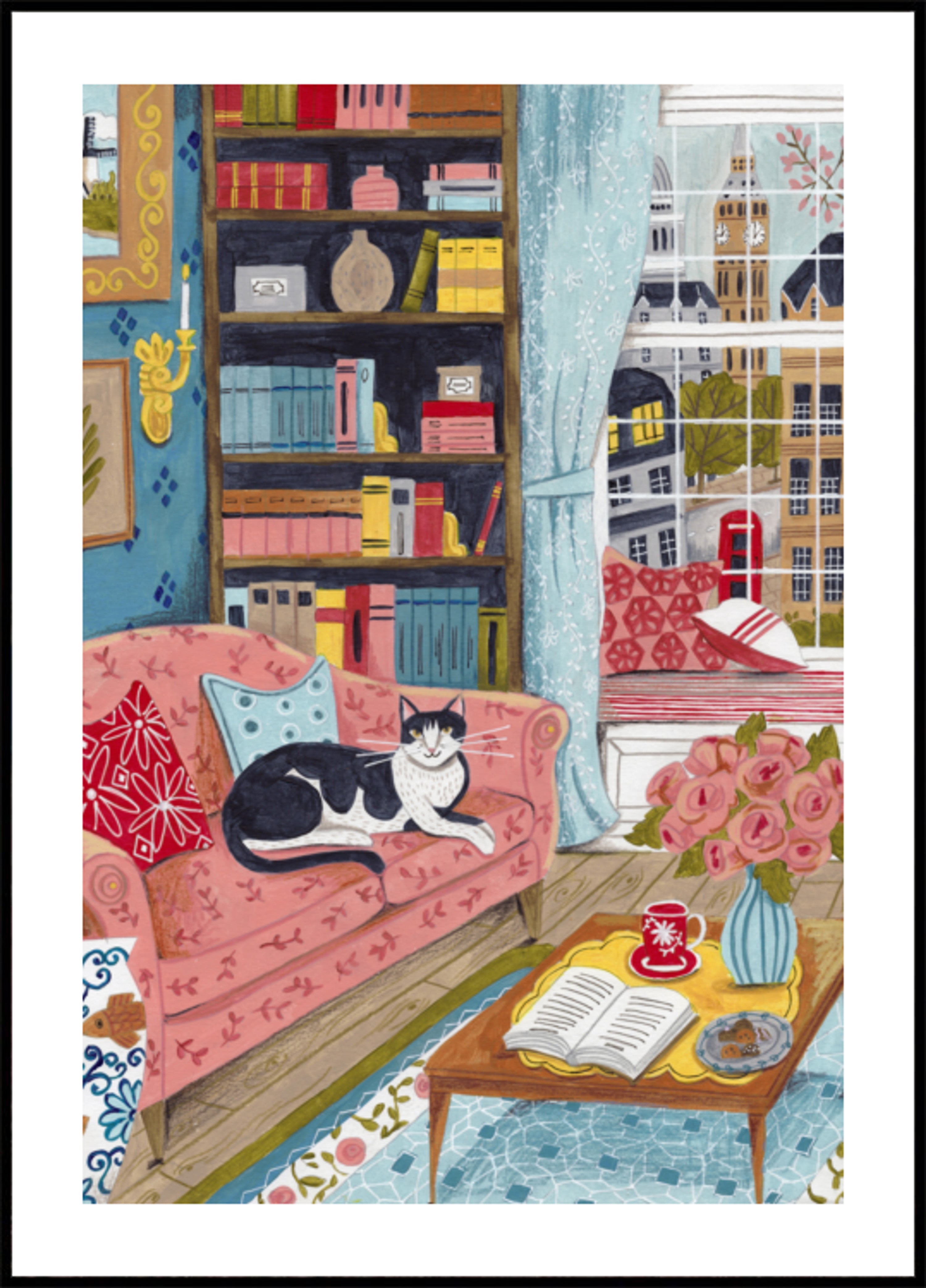 Chat sur un canapé aux couleurs pastel de Londres
