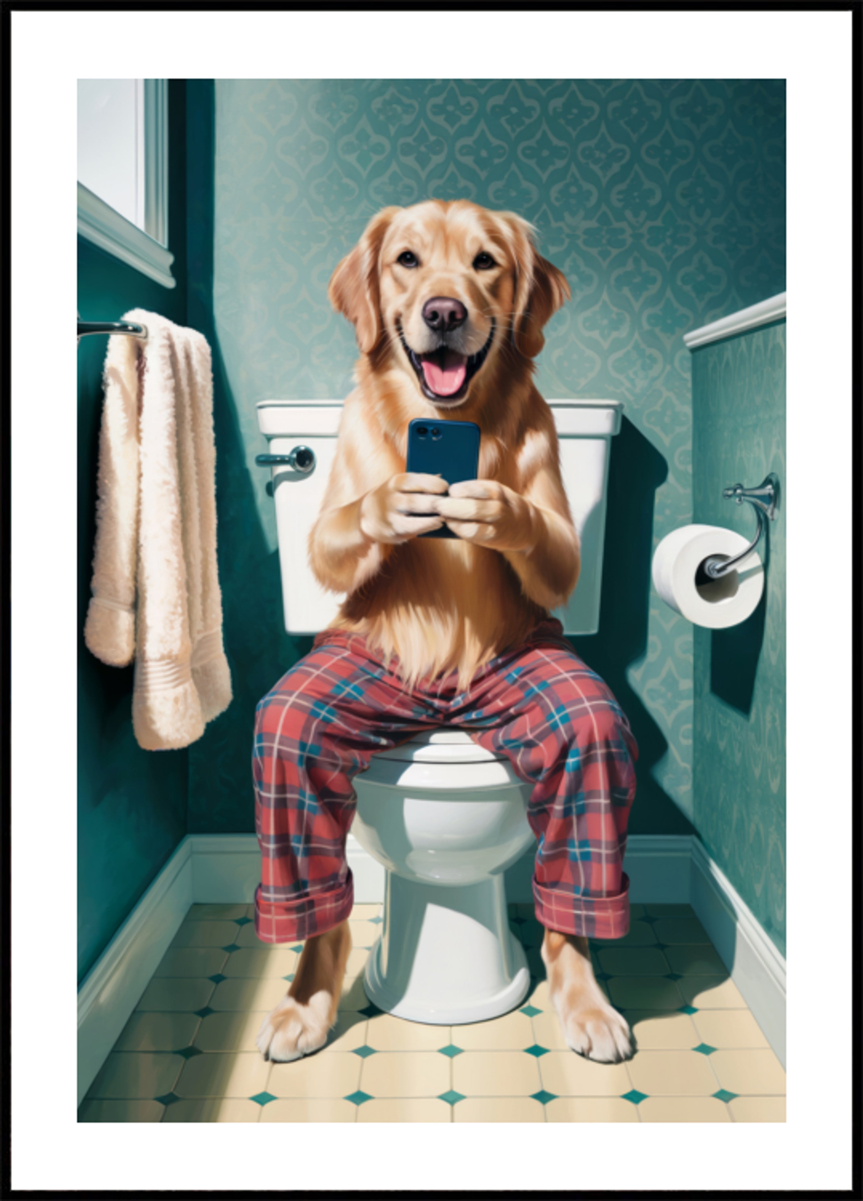 Chien drôle sur les toilettes