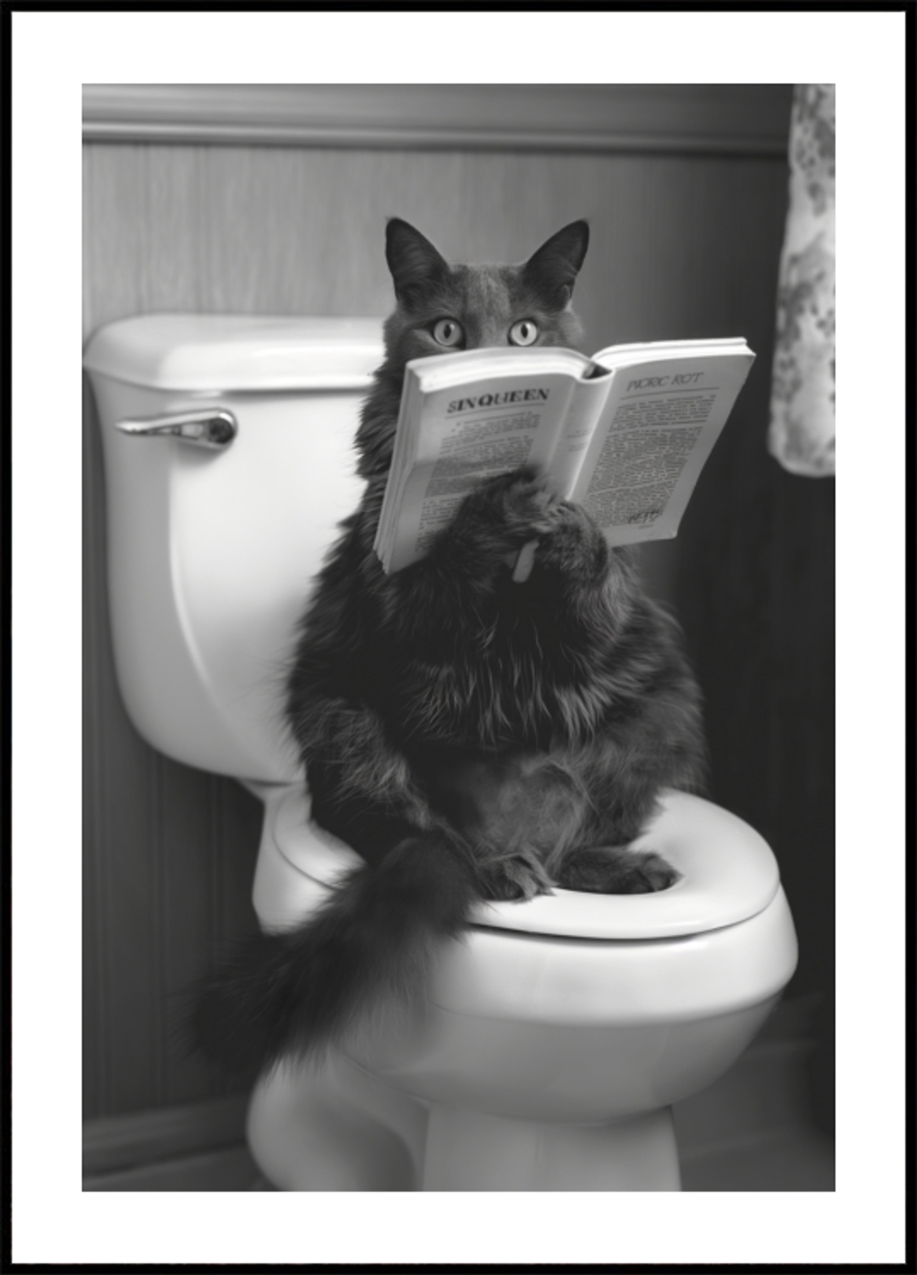 Chat lisant sur les toilettes