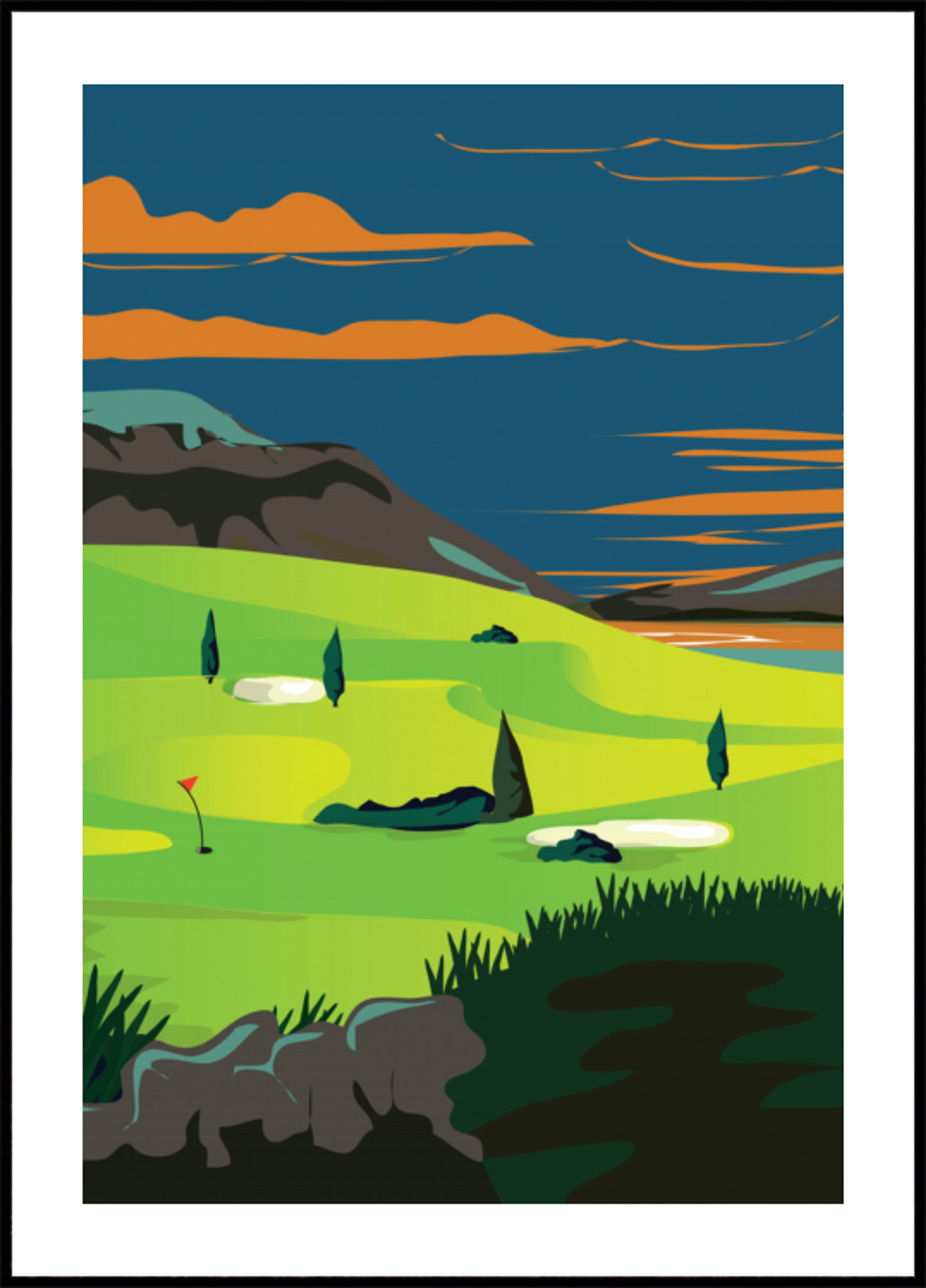Parcours de golf au coucher du soleil