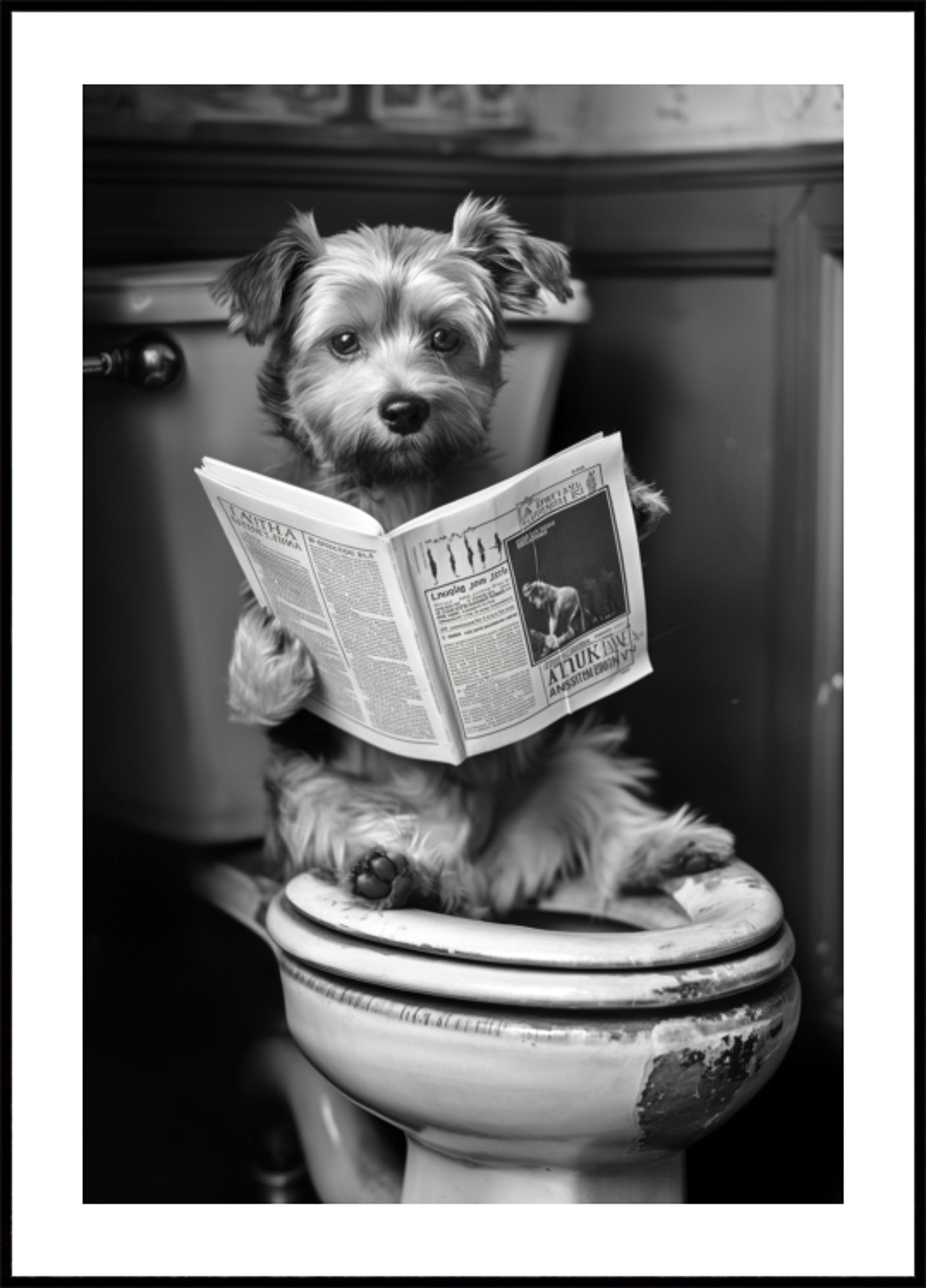 Chien drôle sur les toilettes