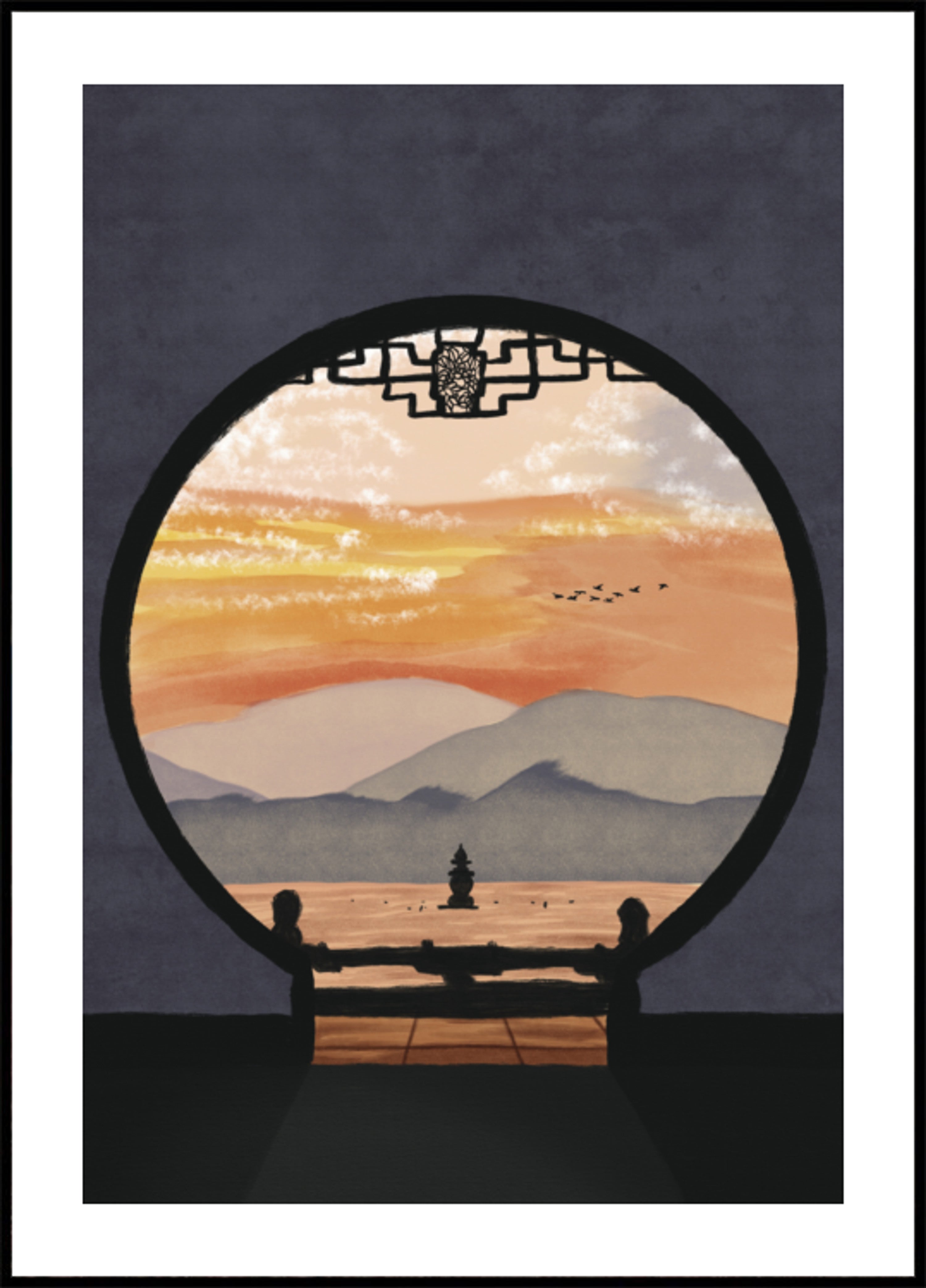Vue du coucher de soleil sur la pagode asiatique