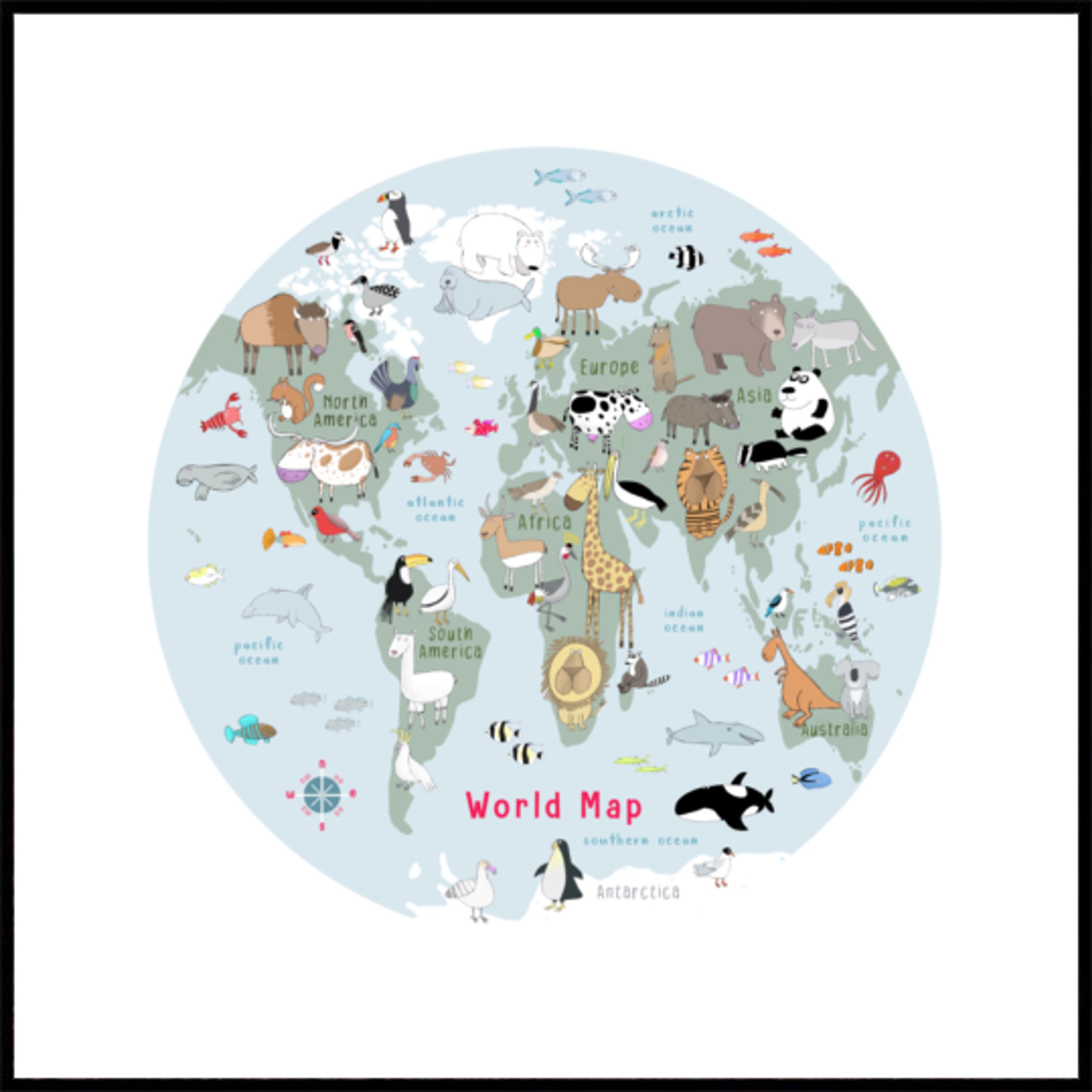 Carte du monde animal mignon