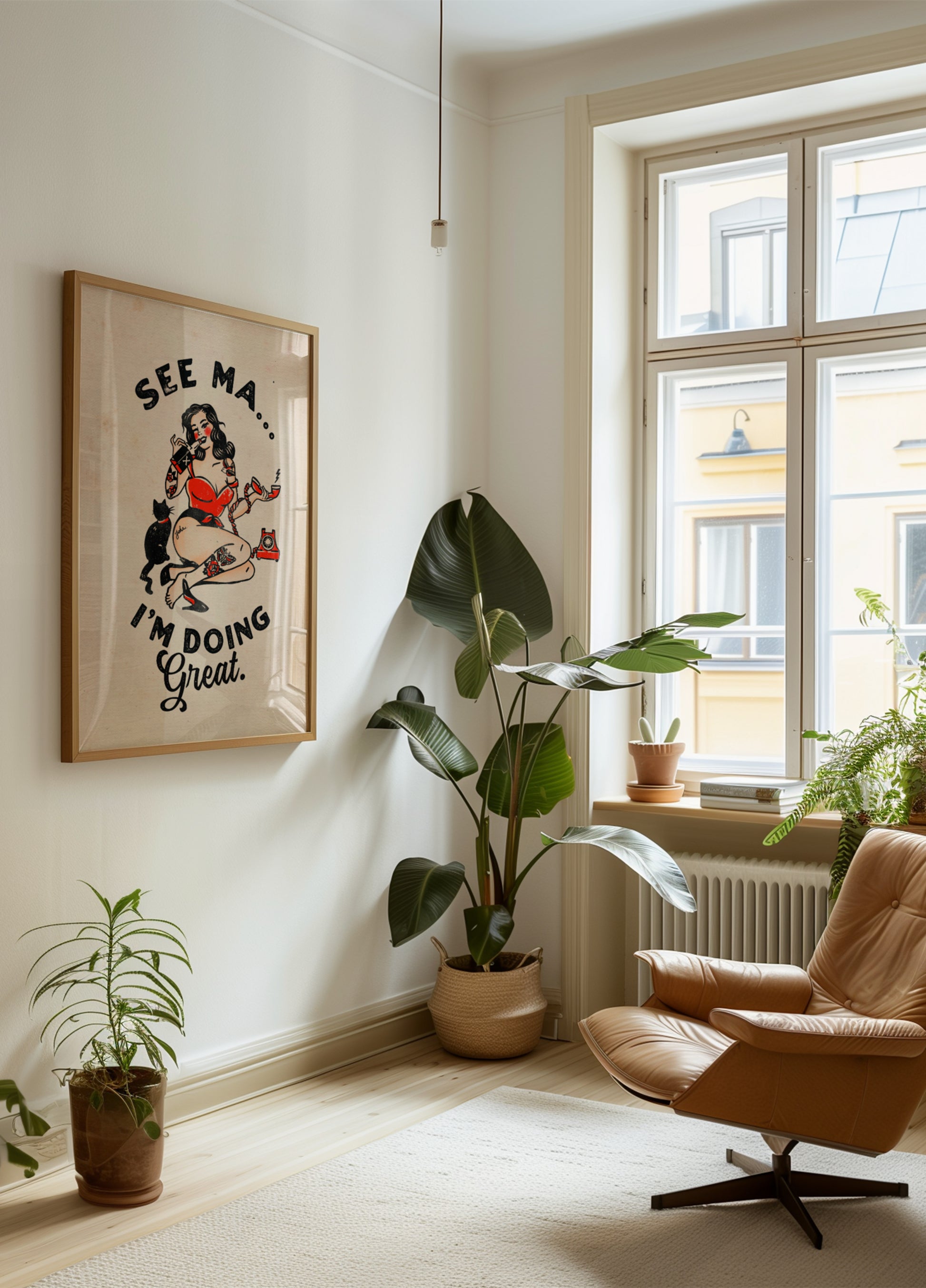Voir Ma affiche drôle vintage pin-up fille et chat
