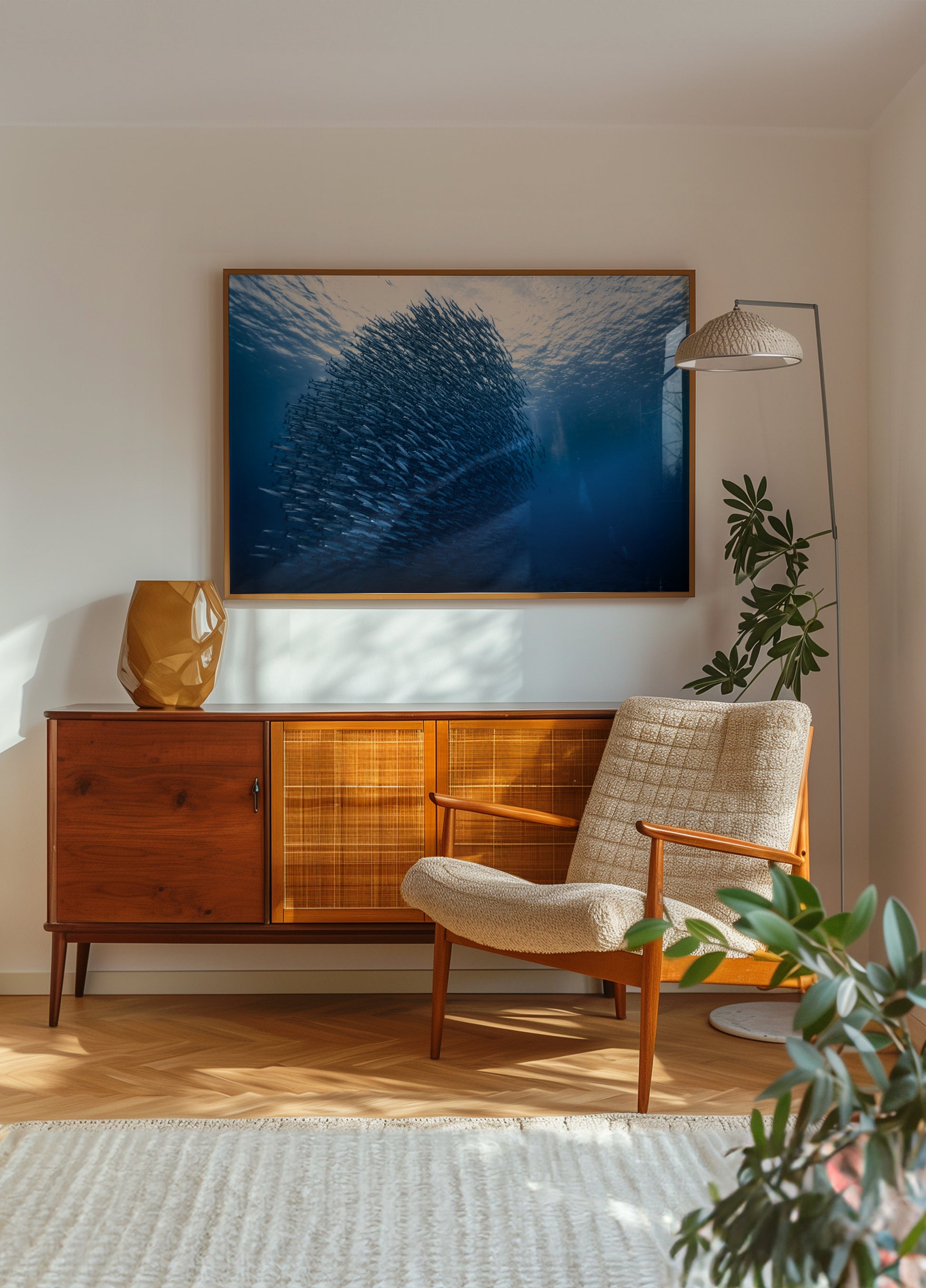Banc de poissons bleu profond