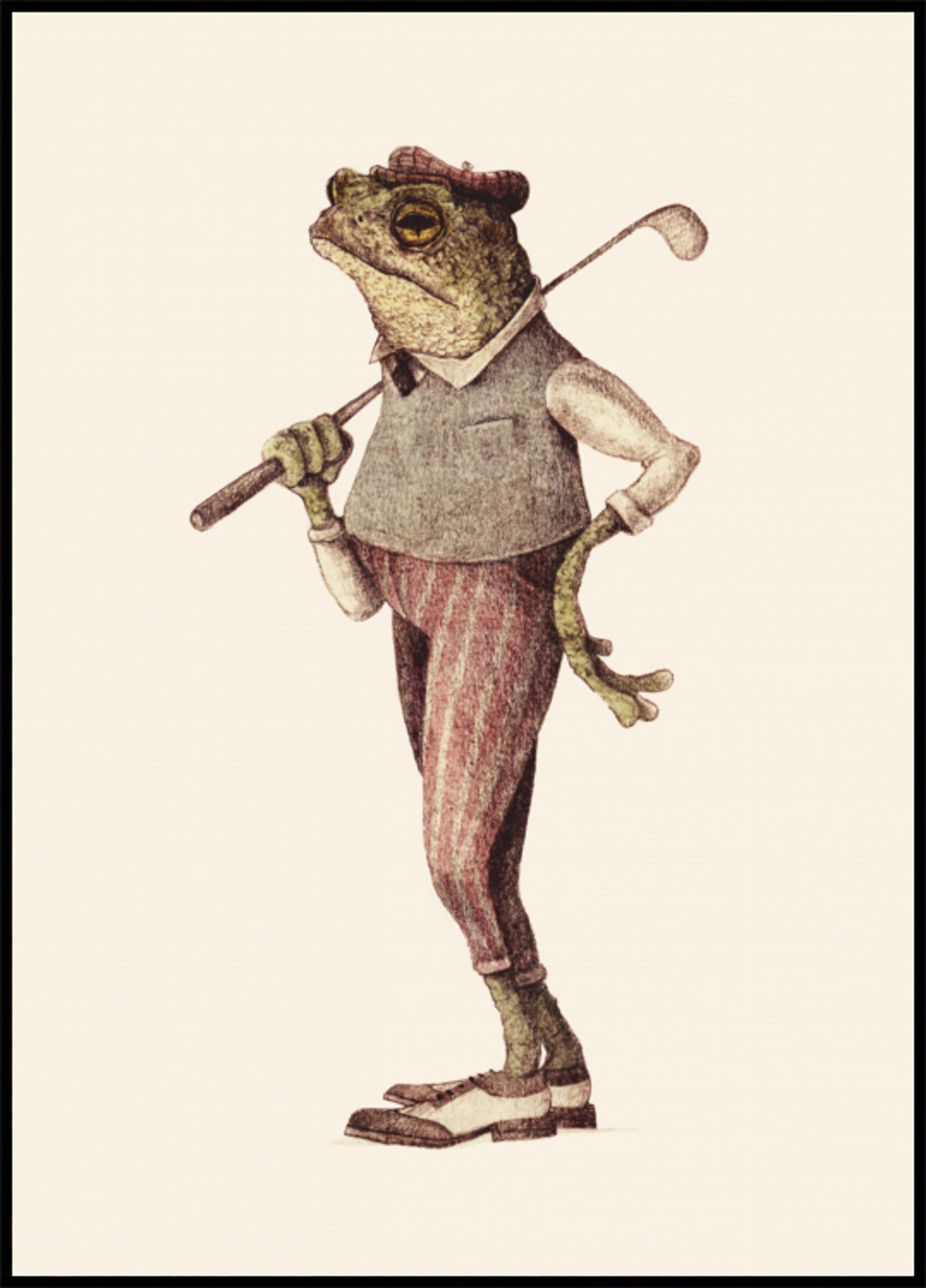 Grenouille en tenue de golf vintage