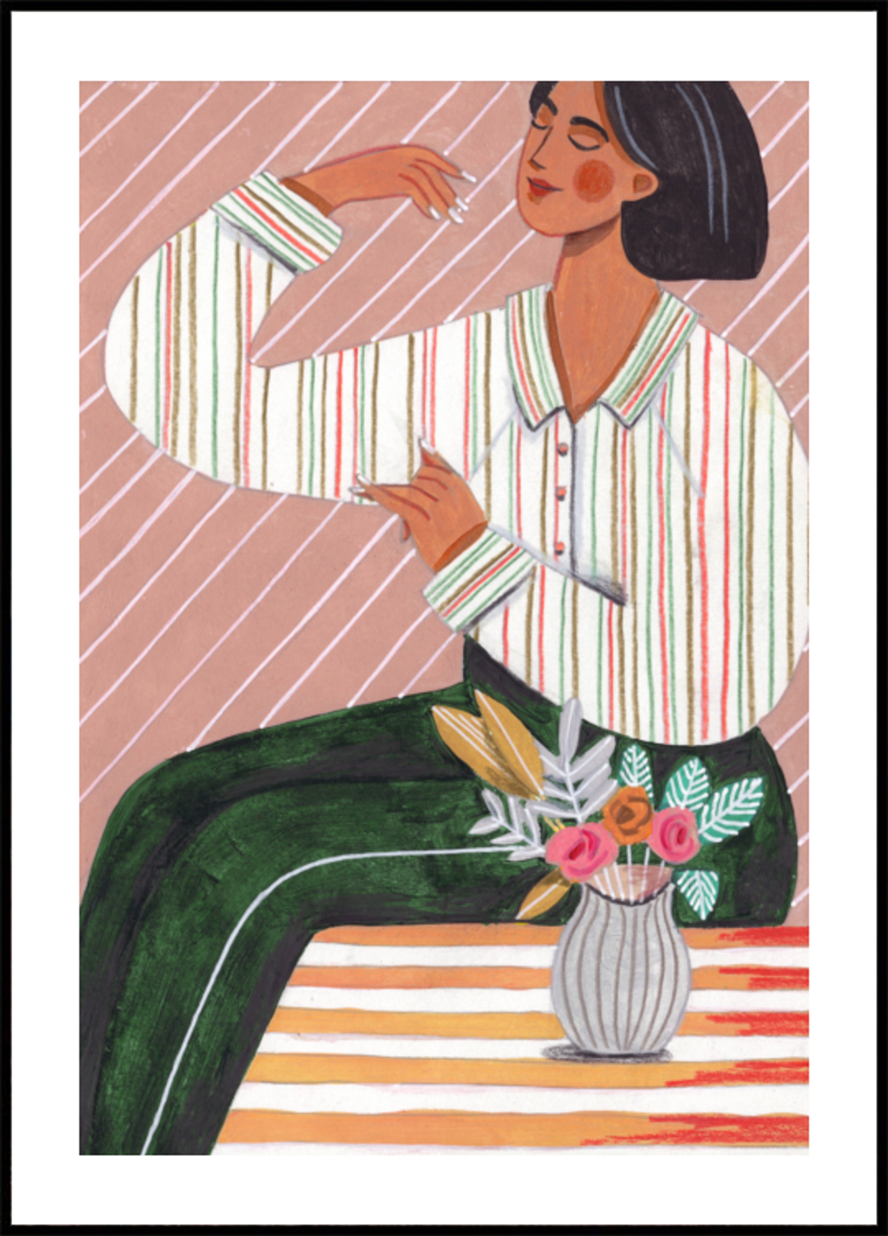Femme En Chemise à Rayures Et Pantalon Vert