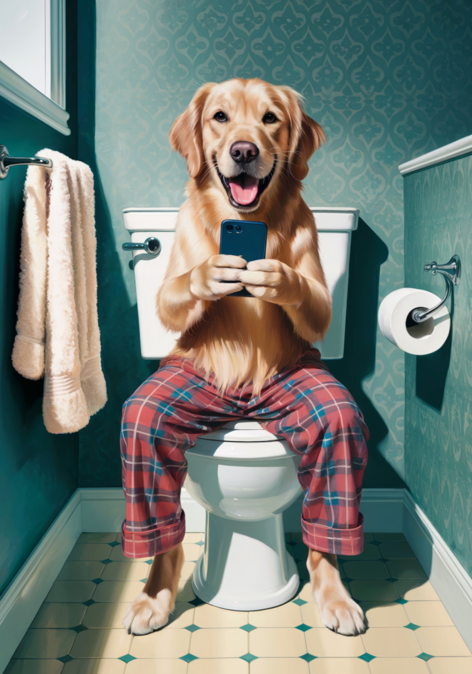 Chien drôle sur les toilettes