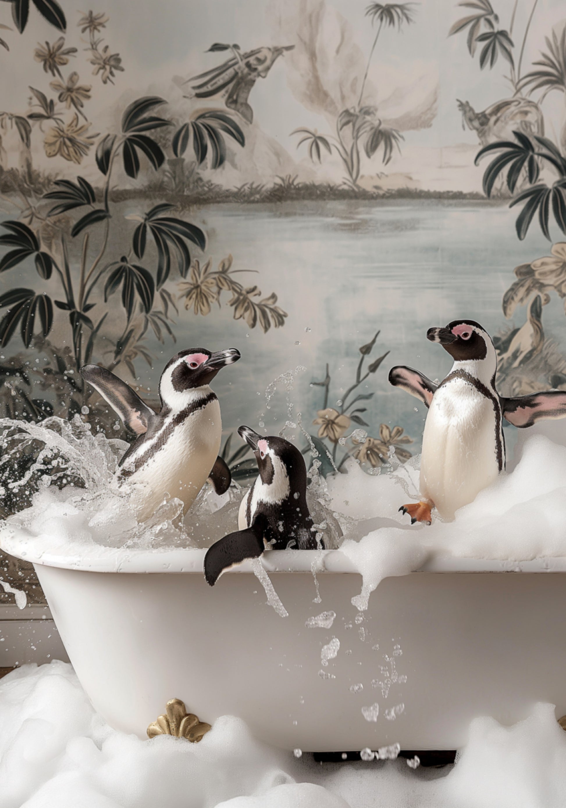 Bain moussant avec des pingouins ludiques