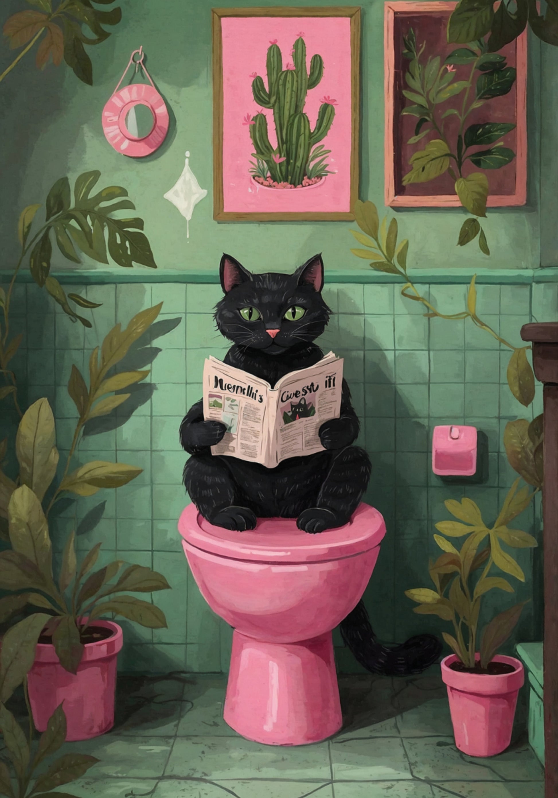 Chat lisant dans la salle de bains