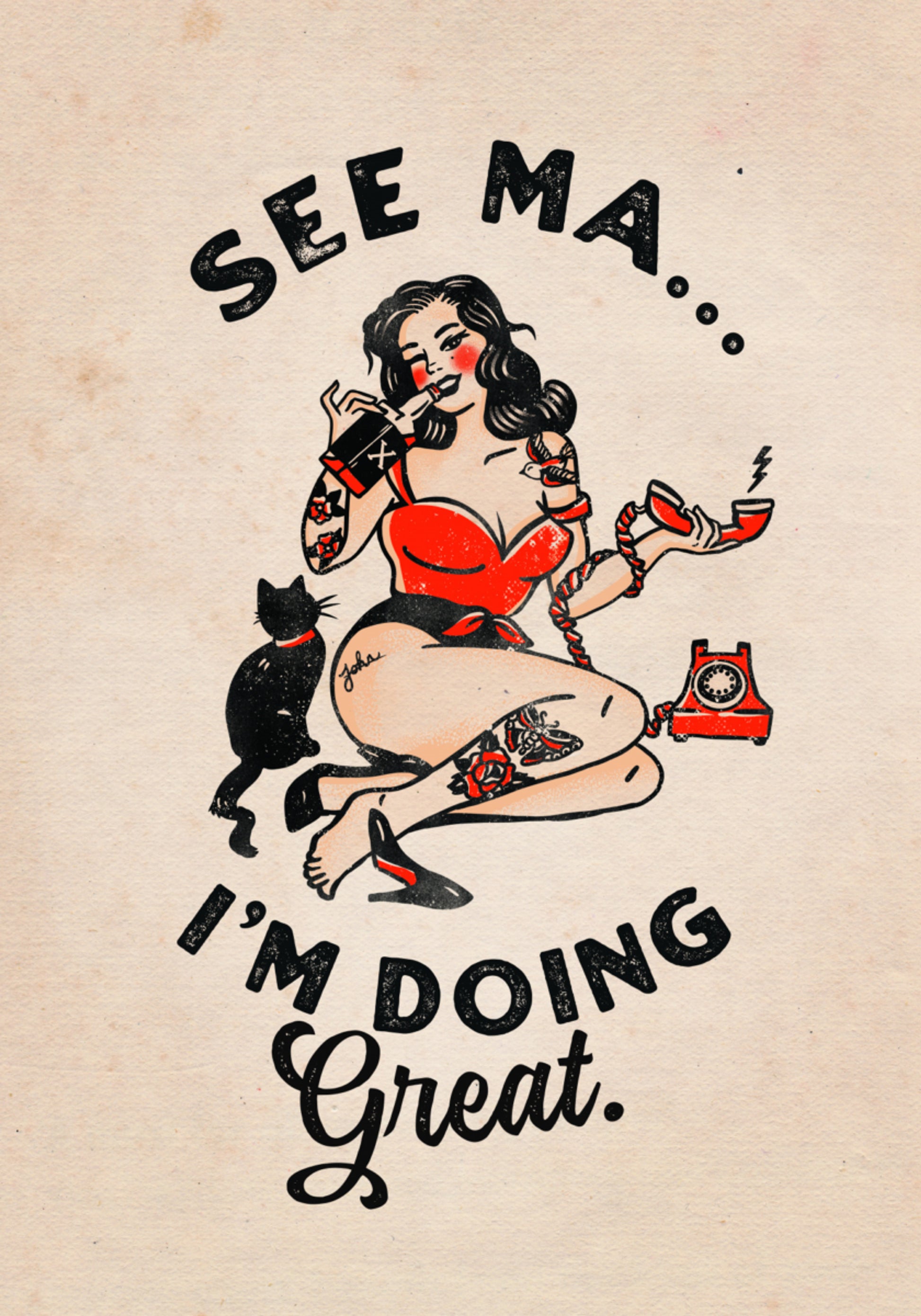 Voir Ma affiche drôle vintage pin-up fille et chat