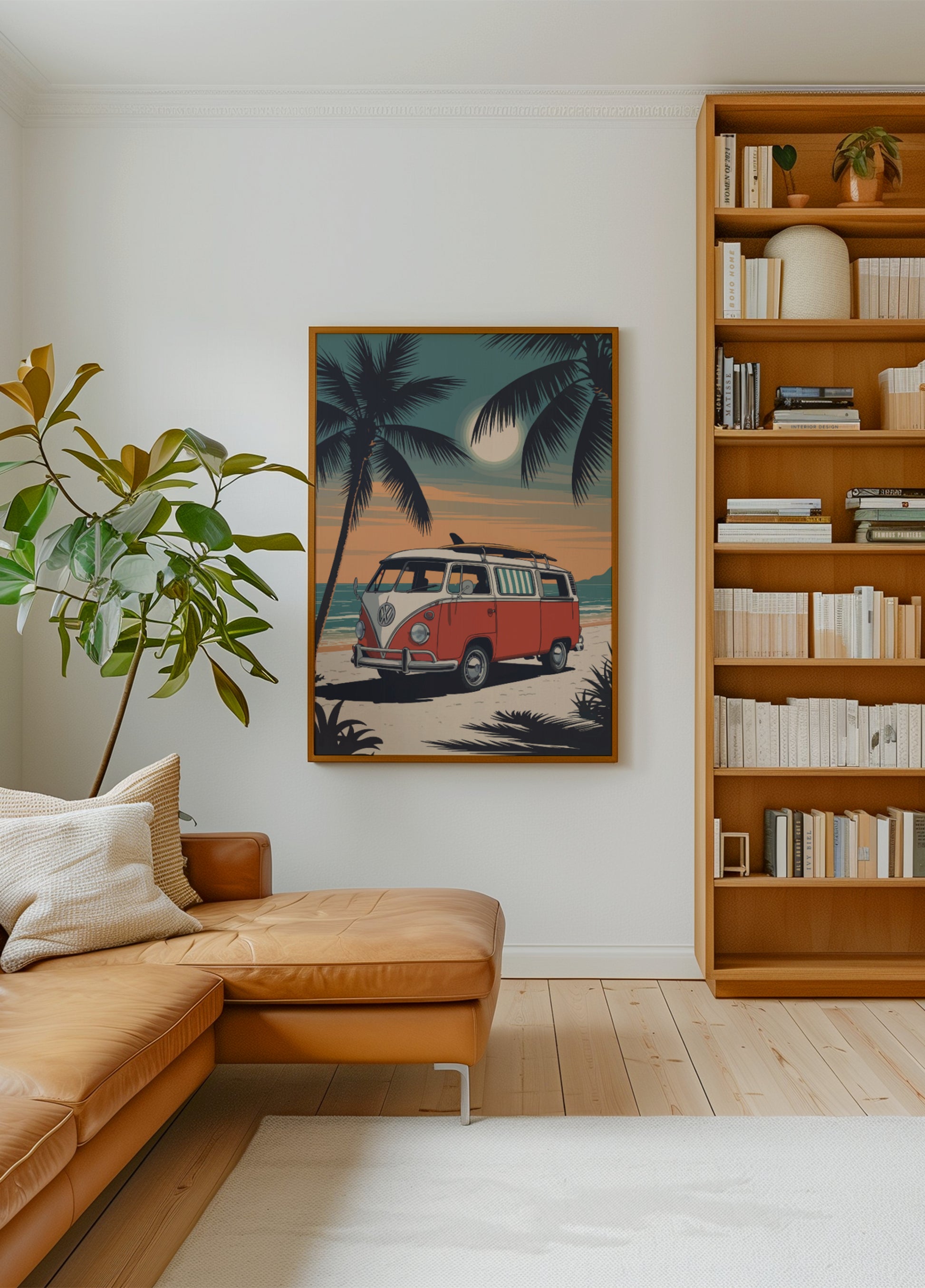Coucher de soleil sur une camionnette de plage vintage