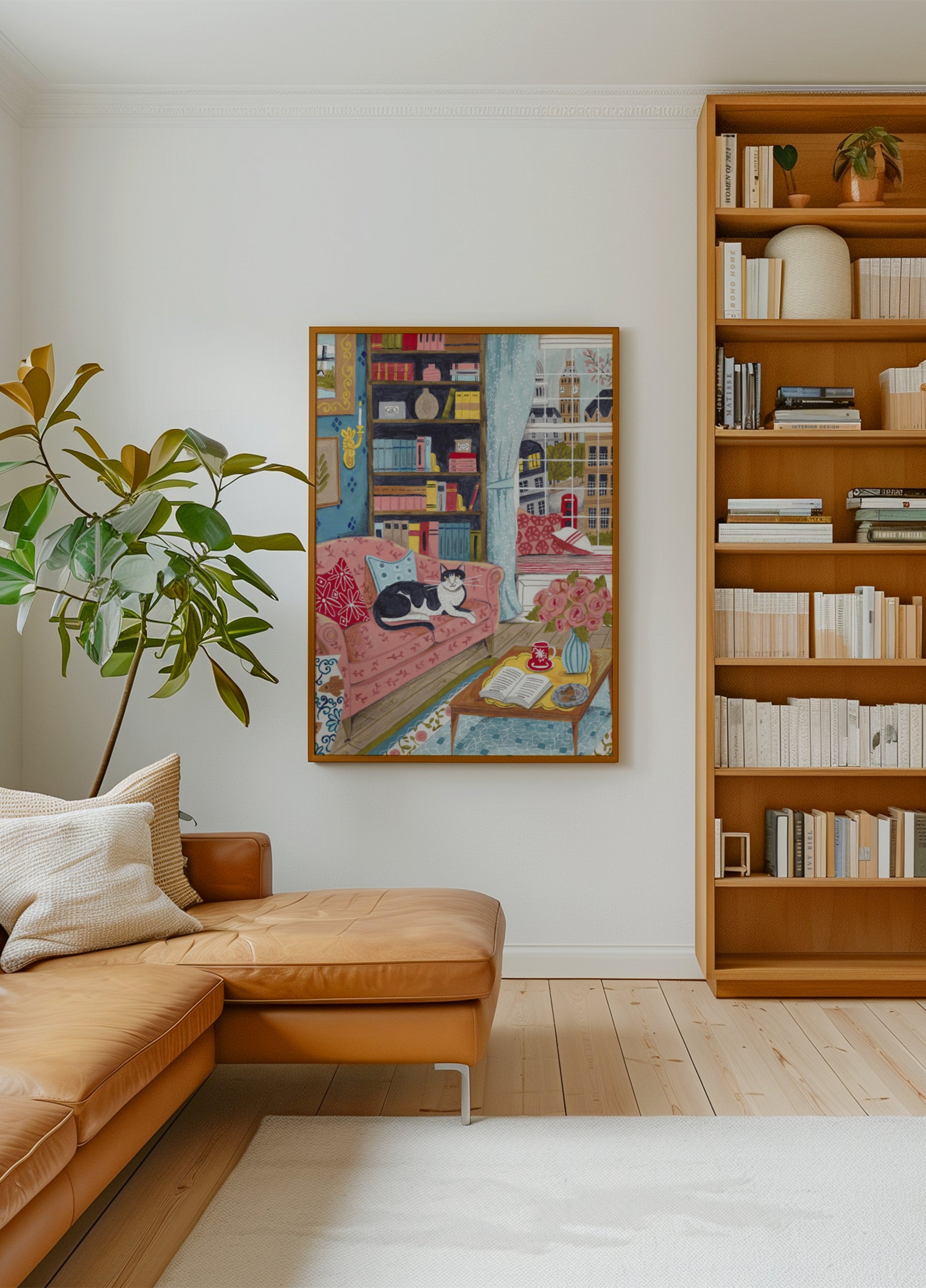 Chat sur un canapé aux couleurs pastel de Londres
