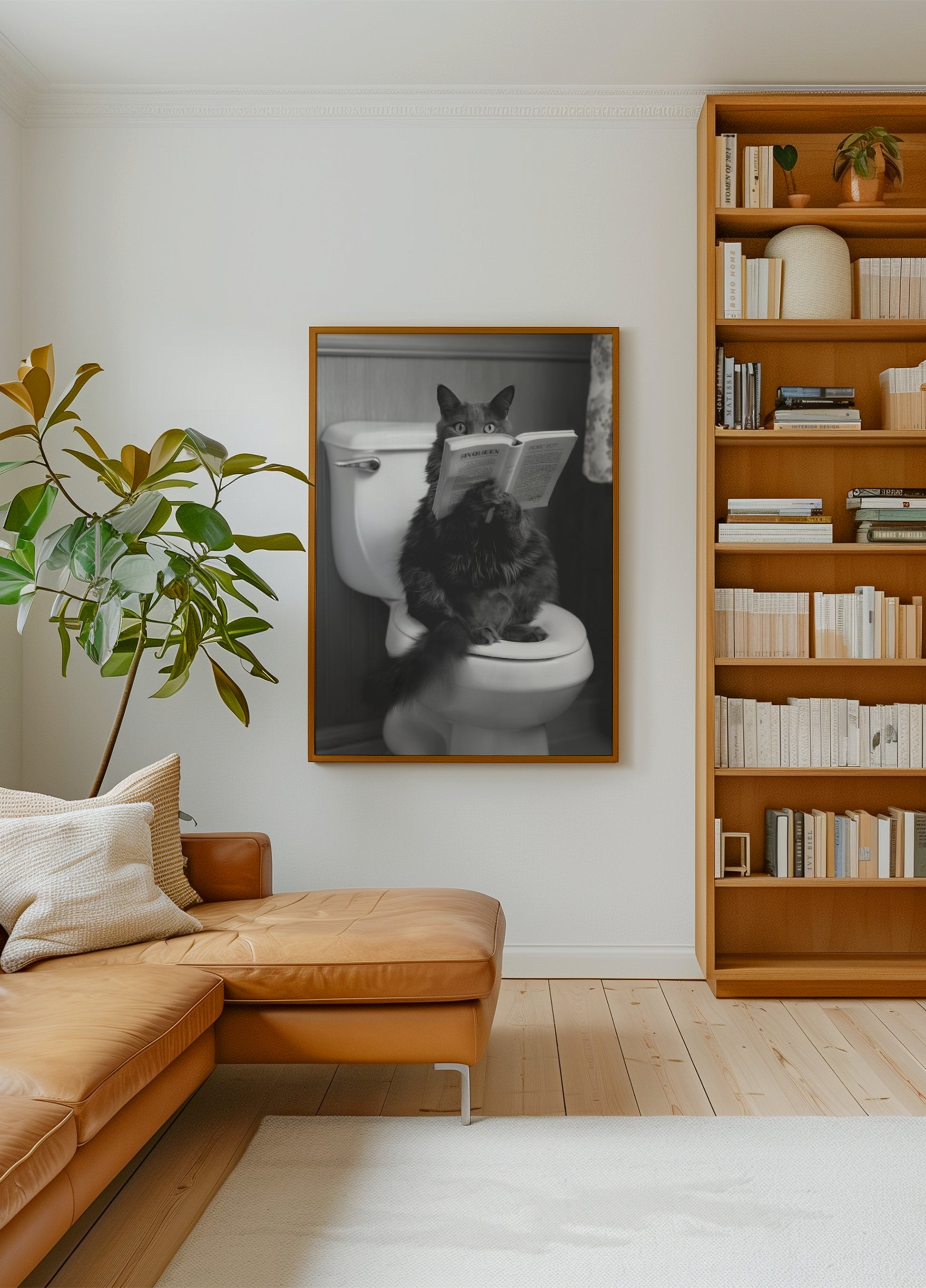 Chat lisant sur les toilettes