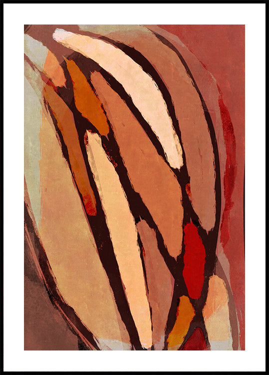 L’image est une peinture abstraite avec des coups de pinceau audacieux et superposés dans différentes nuances de marron, d’orange et de rouge, créant une composition dynamique et énergique.