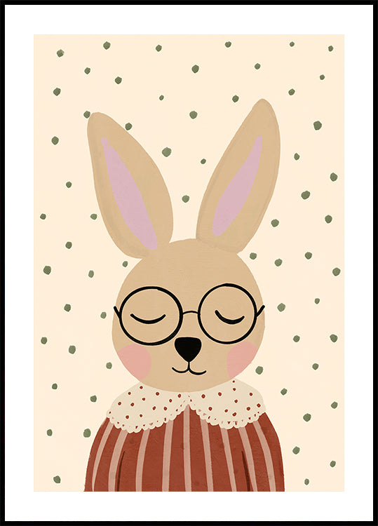 Un lapin de dessin animé portant des lunettes et une chemise rayée, les yeux fermés, sur fond de points verts.