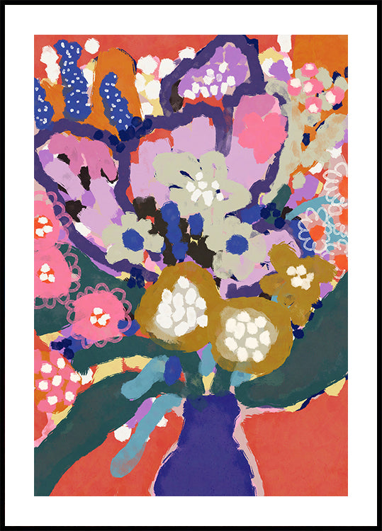 L'image est une peinture abstraite vibrante et colorée représentant une variété de fleurs et de feuillages dans une variété de couleurs, notamment des nuances de rose, de bleu, de vert et de jaune. Le tableau est encadré dans un cadre noir, qui contraste avec les couleurs vives et vives de l'œuvre.