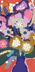 L'image est une peinture abstraite vibrante et colorée représentant une variété de fleurs et de feuillages dans une variété de couleurs, notamment des nuances de rose, de bleu, de vert et de jaune. La peinture est une composition vivante et dynamique, avec des coups de pinceau audacieux et une sensation d'énergie et de mouvement.